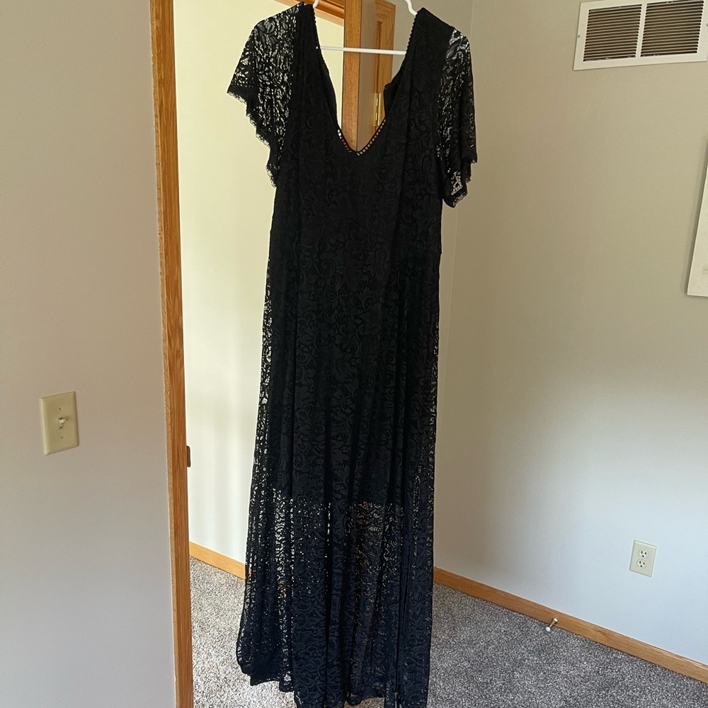 Black lace dress. Solid short black with long lace overlay.